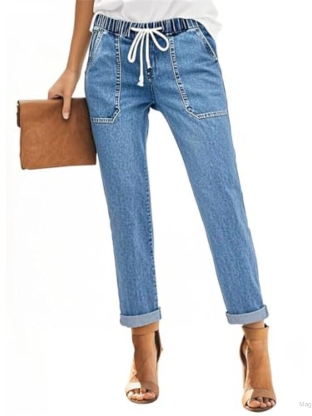 High Waisted Stretch Jeans Pull-On Denim Pants with Elastic Waist & Drawstring